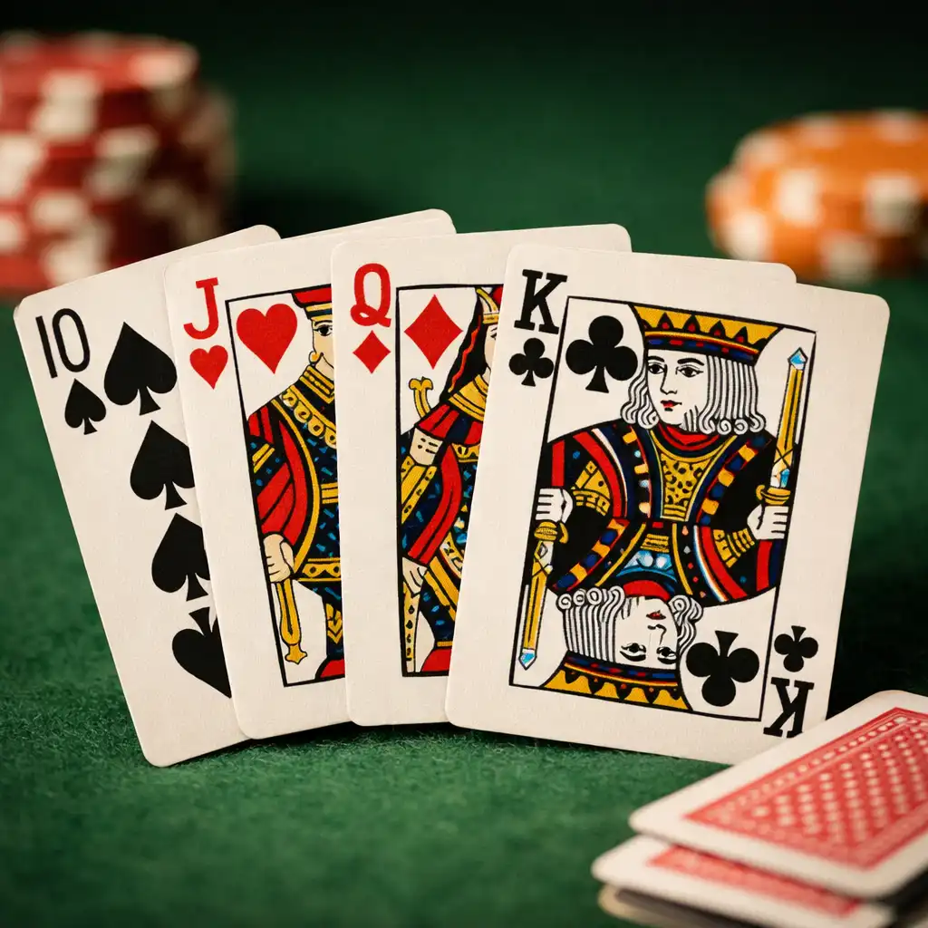 Close-up of playing cards on a poker table with shallow depth of field