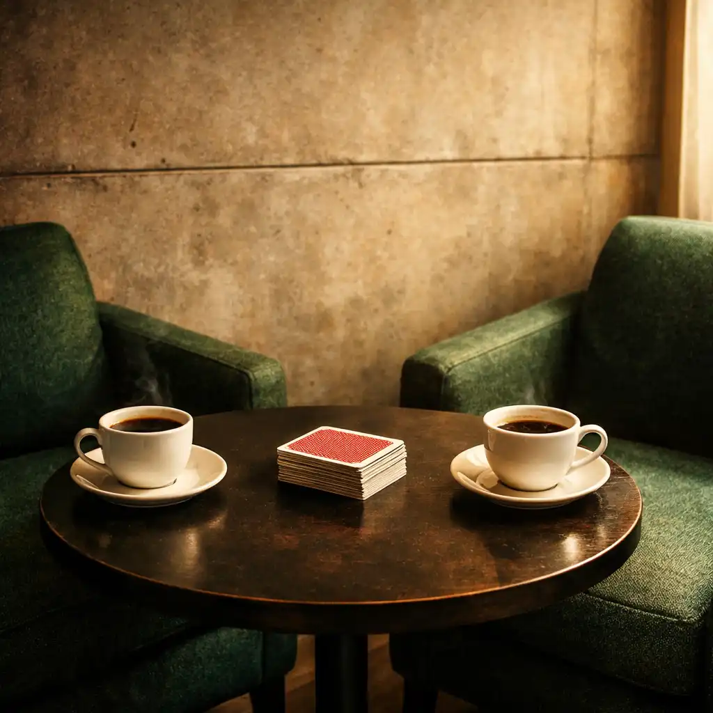 Two deep green felt armchairs facing each other across a small table in the card lounge, with a deck of cards and coffee cups