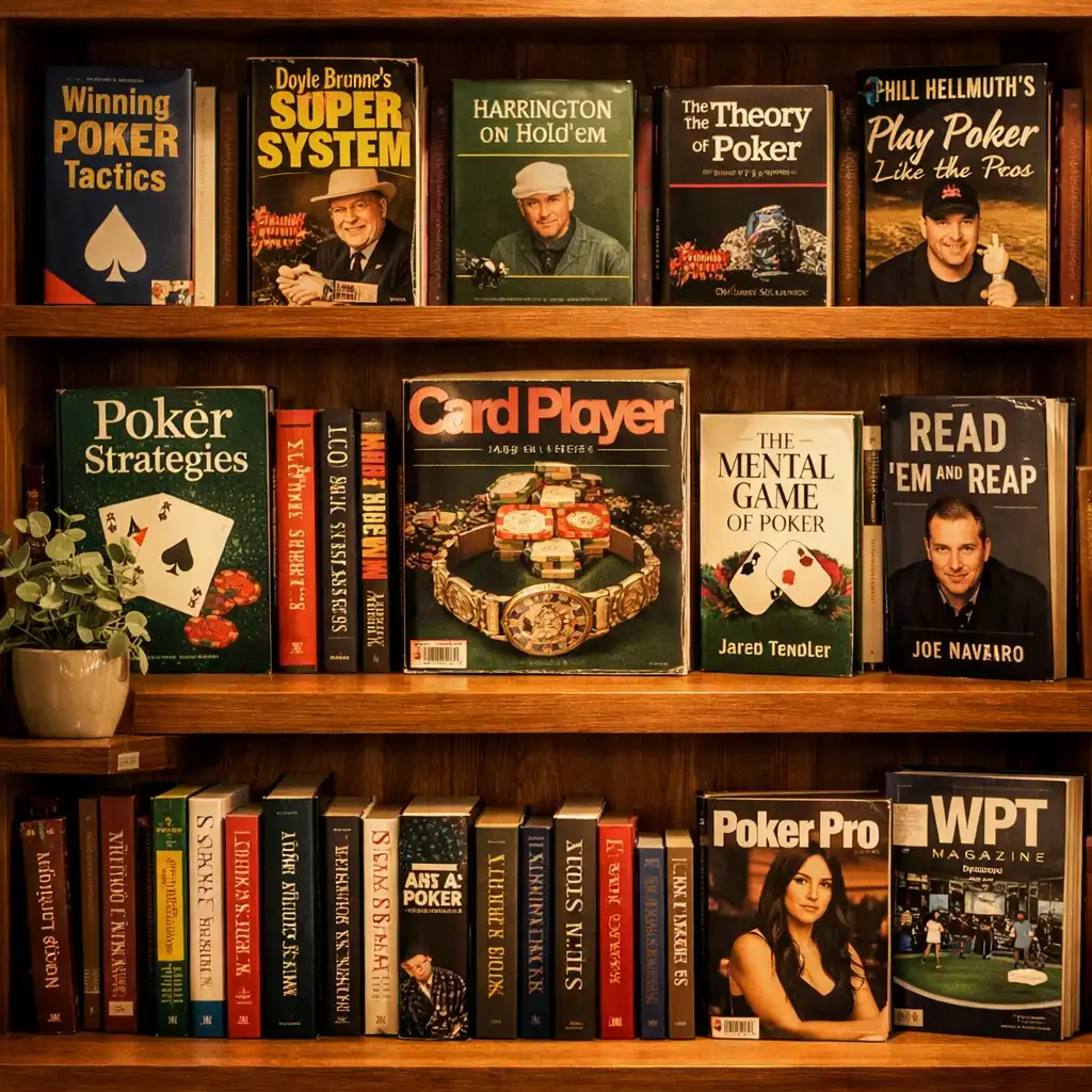 Bookshelf in the card lounge filled with poker books and magazines, with a small eucalyptus plant on one shelf