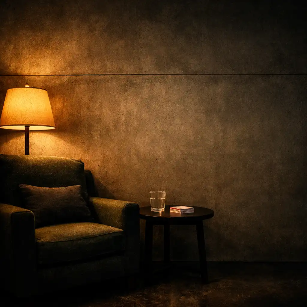 Quiet corner in the card lounge with a single armchair, floor lamp, and a small side table holding a deck of cards