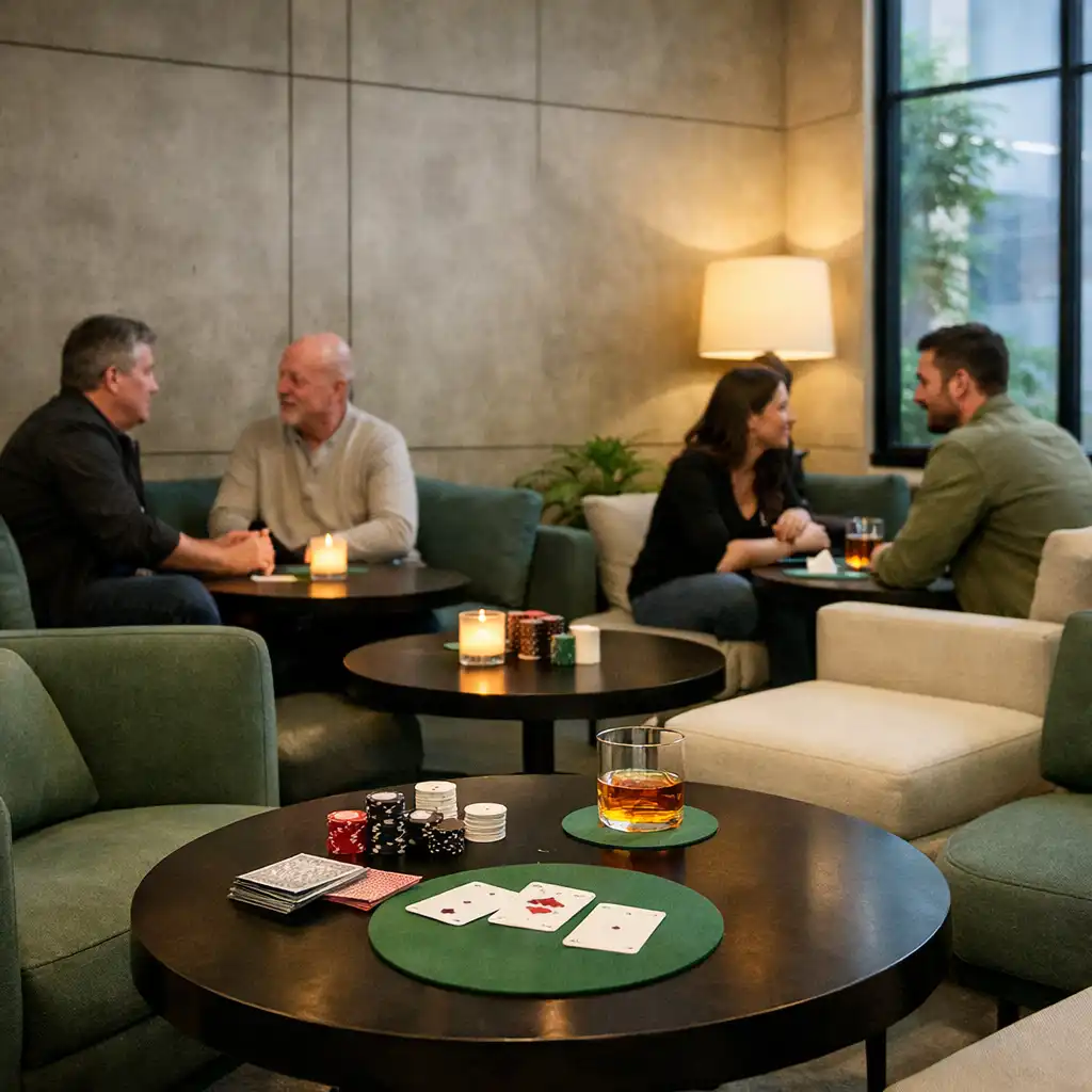 Interior of the card lounge at Card Warehouse Bunbury with comfortable seating, raw concrete walls, and warm natural light.