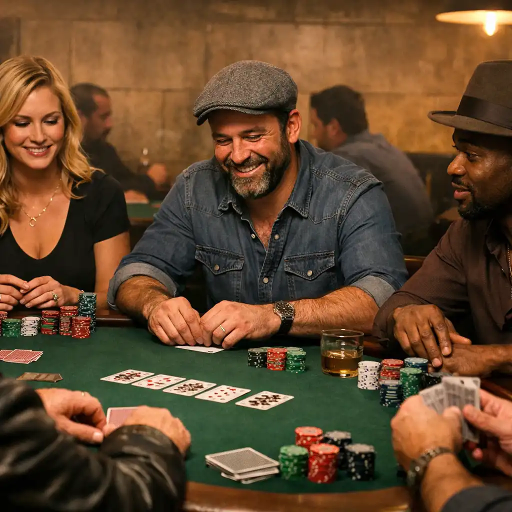 Adult players seated around a poker table in a card lounge engaged in face-to-face play