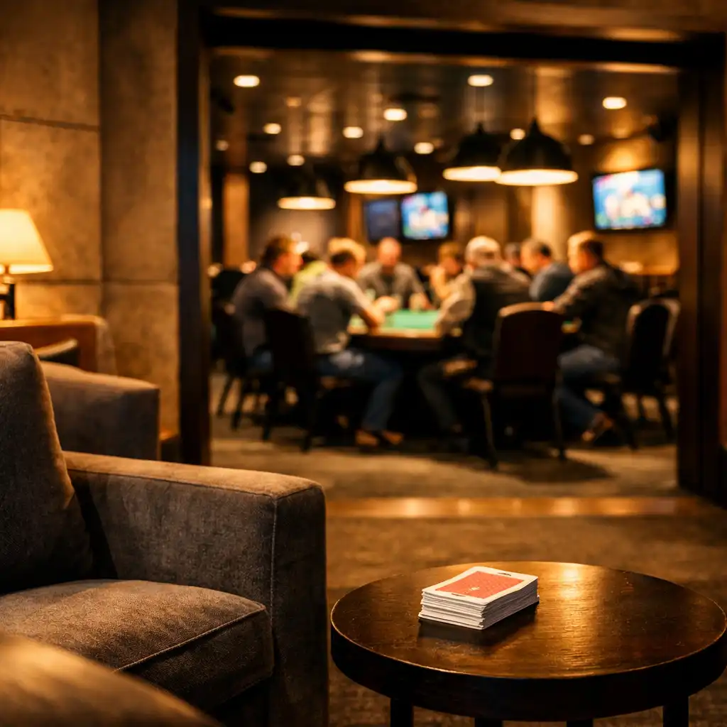 Card lounge seating with a view toward the physical poker tables at Card Warehouse Bunbury