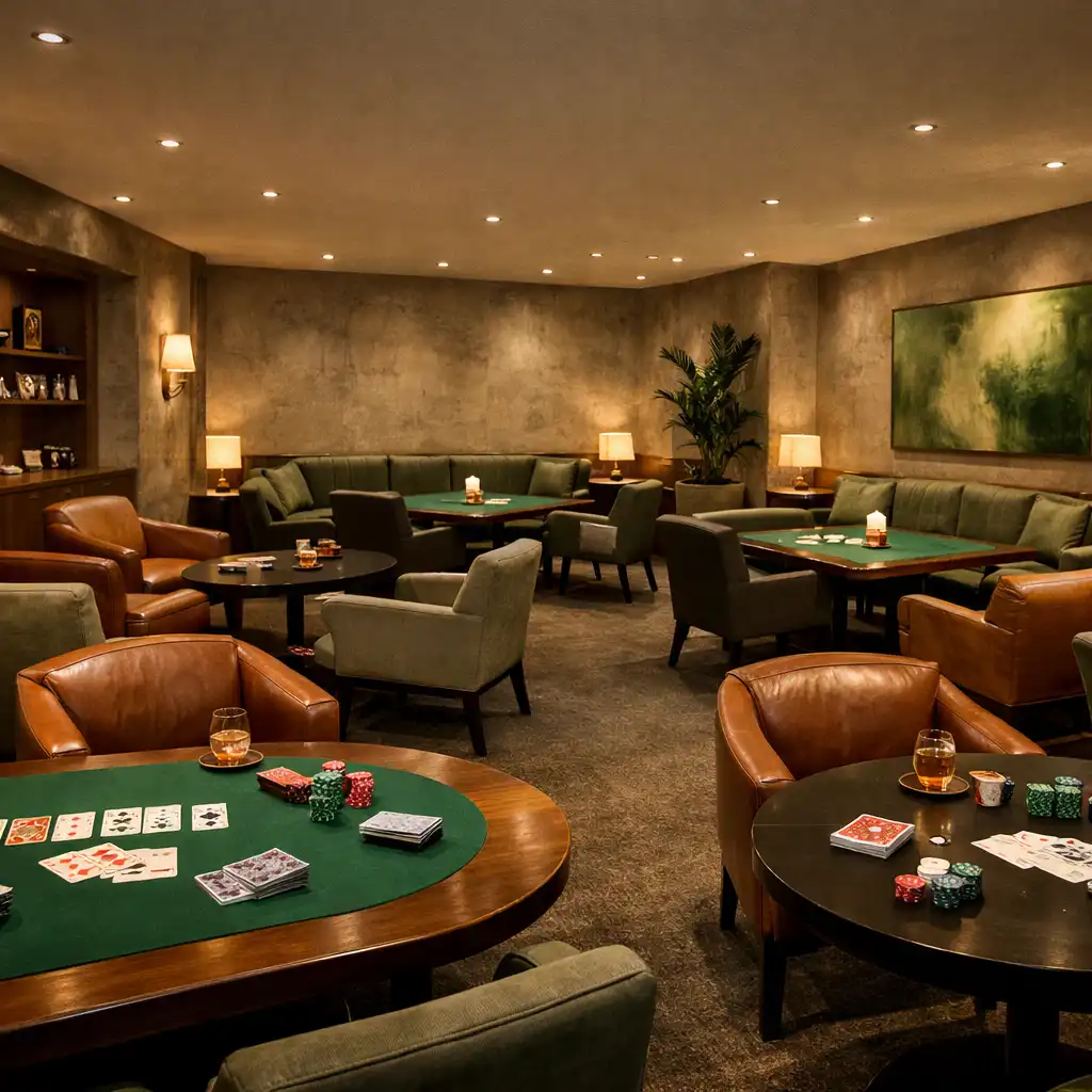 Wide photograph of a card lounge room with comfortable seating and low tables