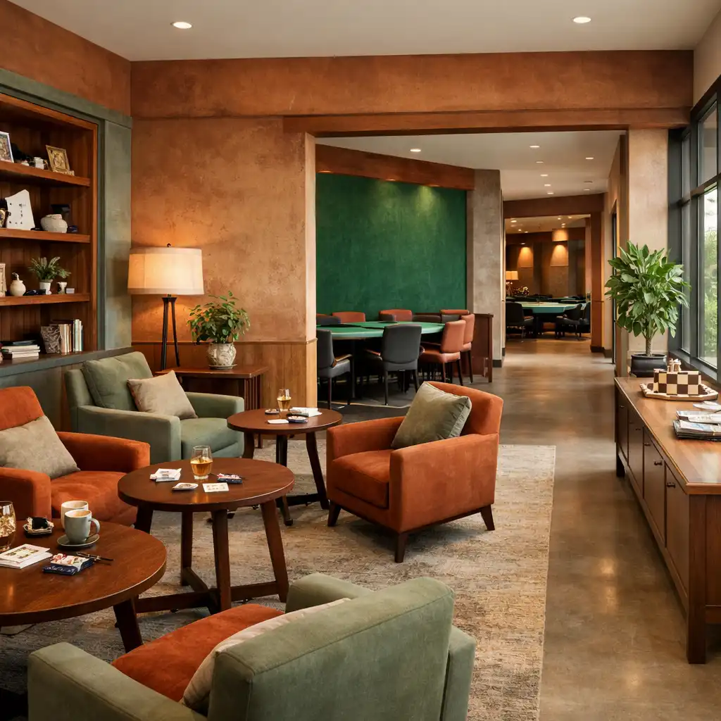 Comfortable card lounge seating area with warm concrete walls and deep felt green accents adjacent to the poker room
