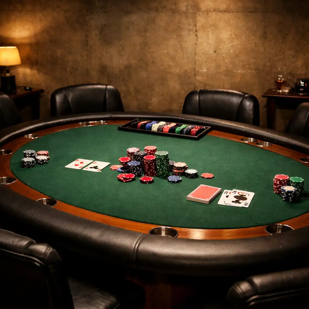 Physical poker table in a card lounge setting with chairs around it