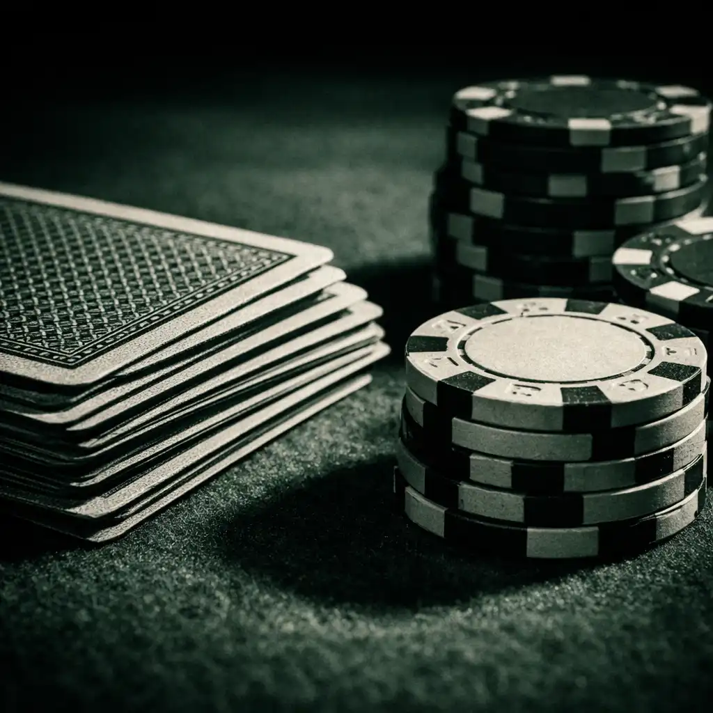 Close-up of playing cards and poker chips on a deep green felt poker table