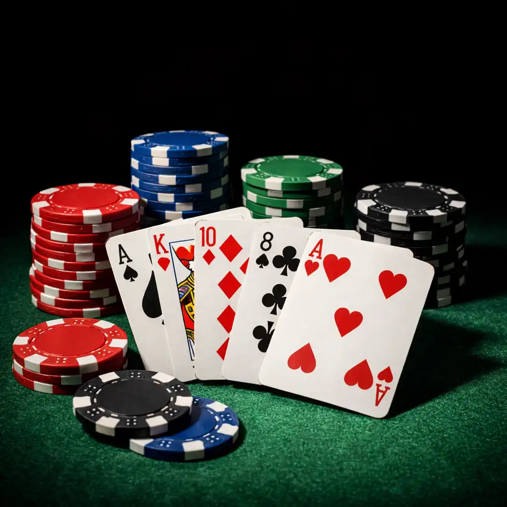Close-up of playing cards and poker chips scattered on green felt at Card Warehouse Bunbury