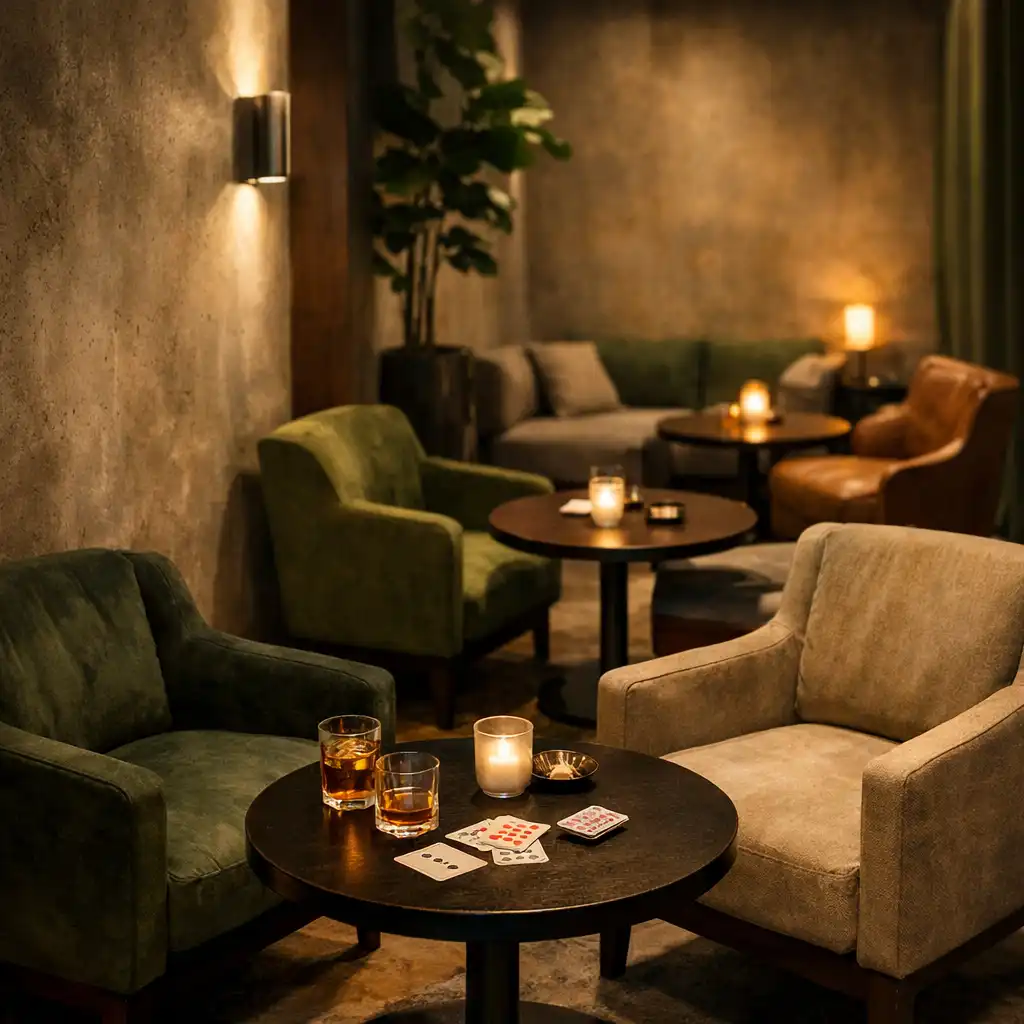 Narrow photograph of a card lounge area with comfortable seating