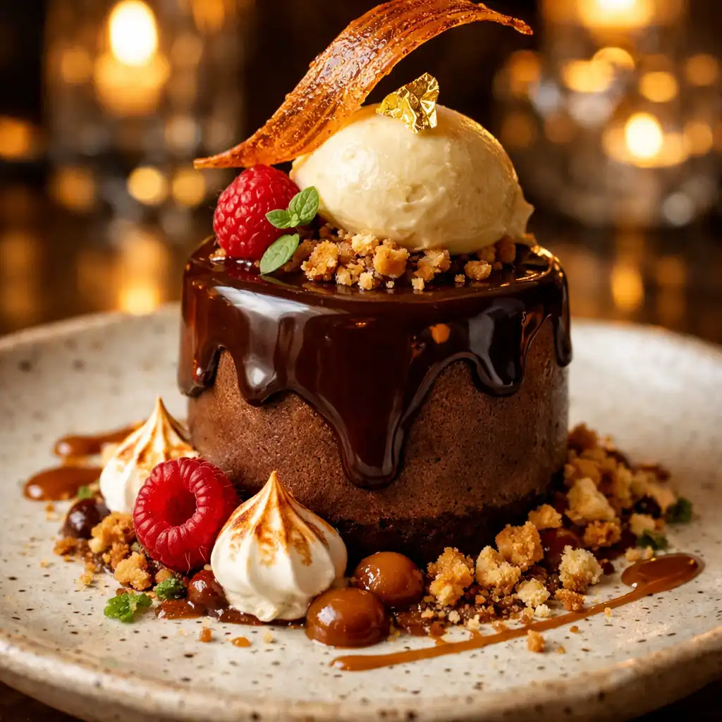 Narrow photograph of an elegantly plated dessert