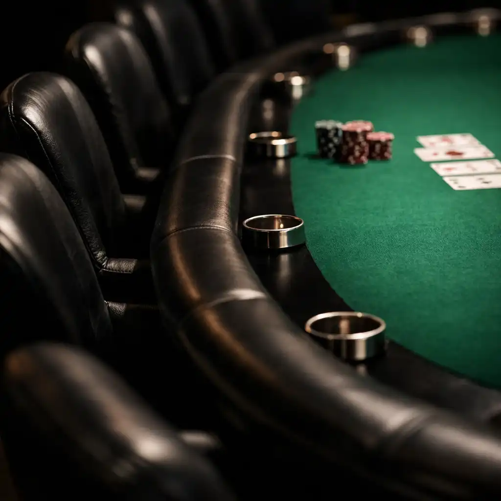 Narrow photograph of a poker table from a different angle showing felt and chairs