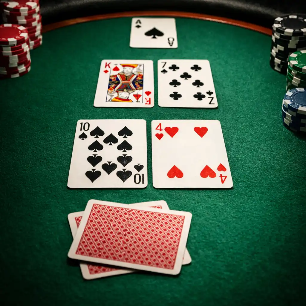 Narrow photograph of a poker table with green felt and cards