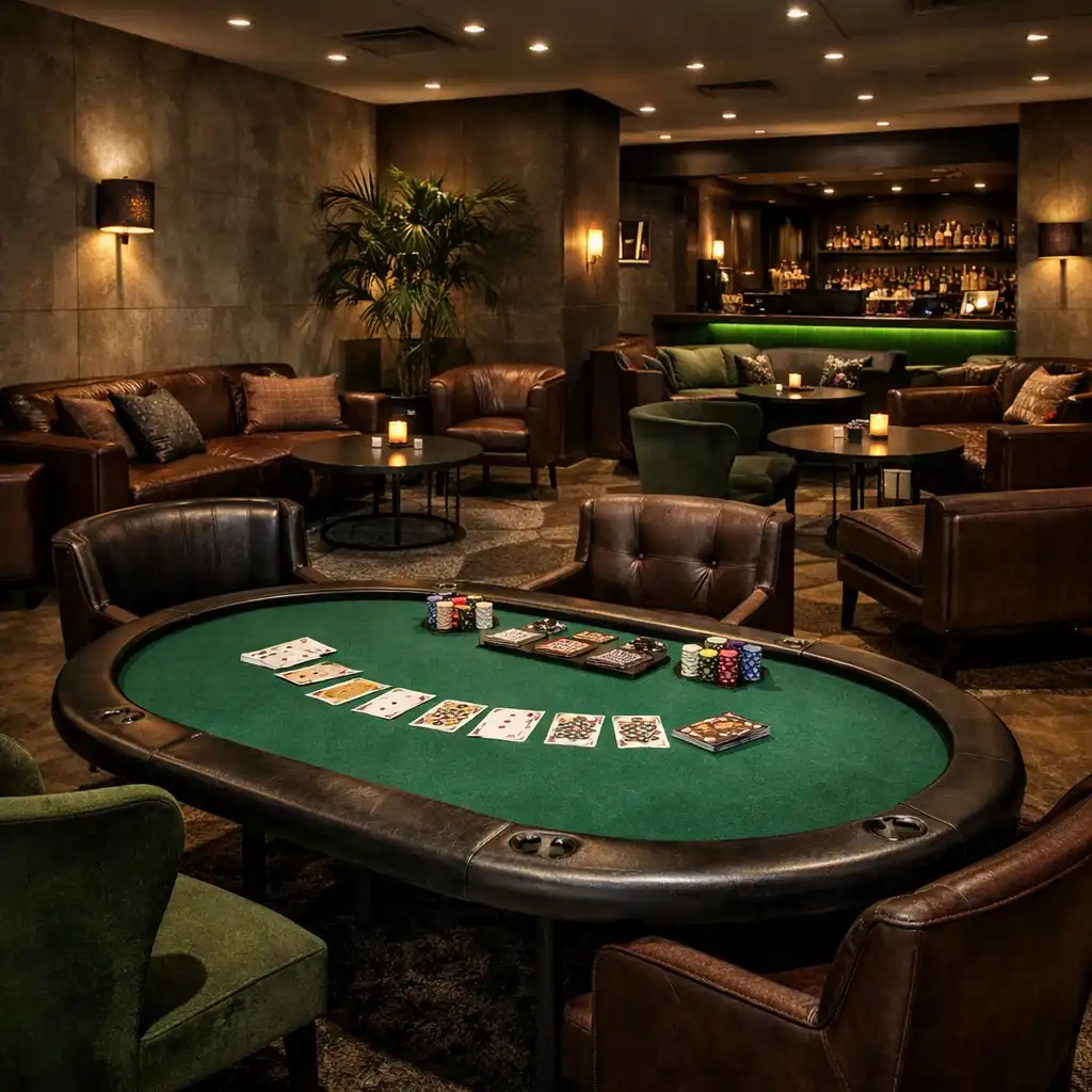 Card lounge area with comfortable seating and low tables for social card play
