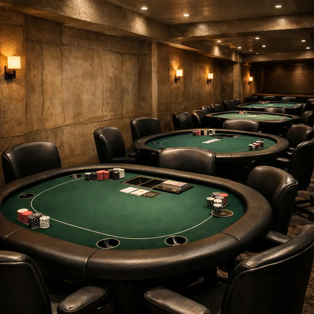 Dedicated poker room interior with multiple physical poker tables arranged in a row