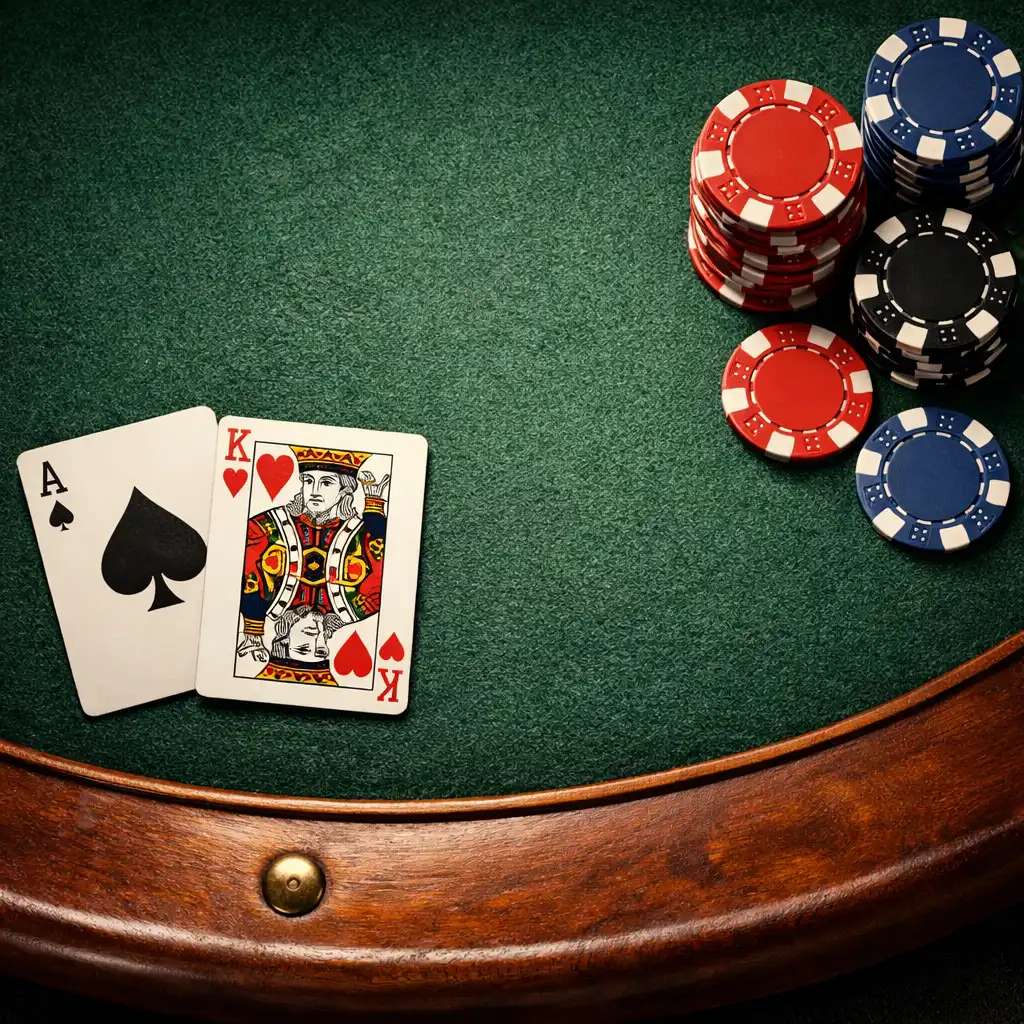 Close-up of a physical poker table surface with green felt, cards and chips