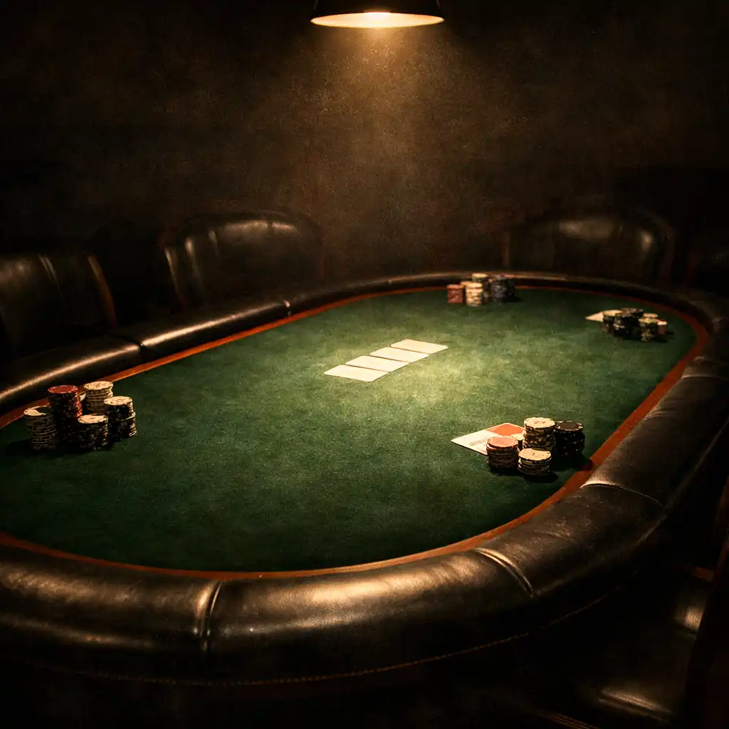 Adult players seated around a physical poker table with green felt, cards and chips in a warm Bunbury poker room