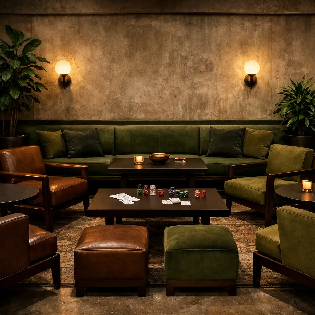 Card lounge area with comfortable seating and low tables