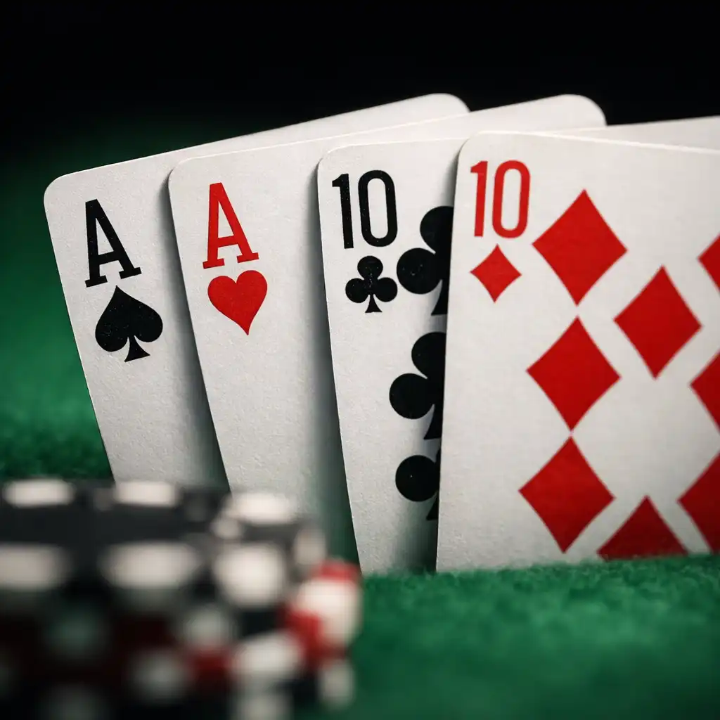 Narrow close-up of playing cards on a poker table