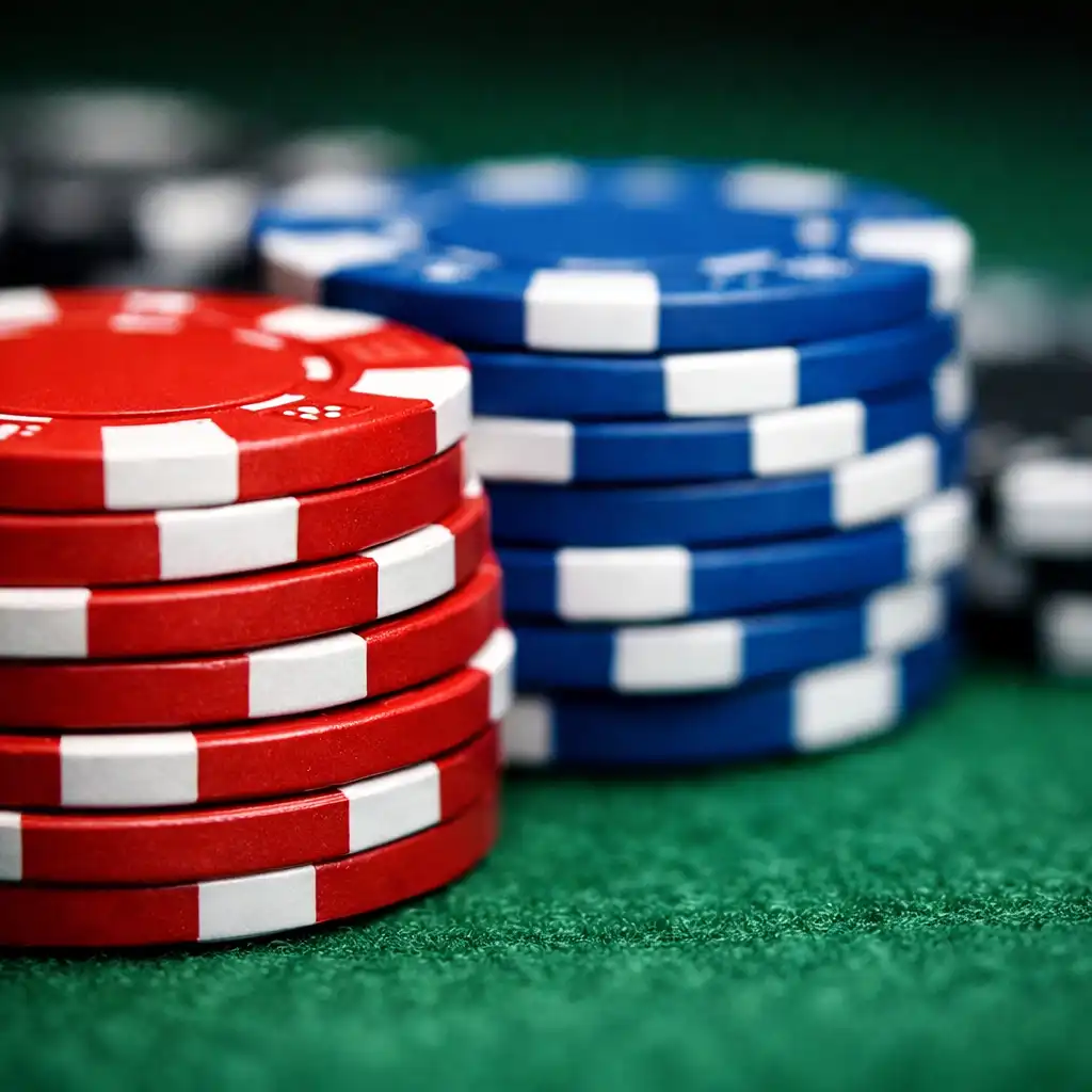 Tiny close-up of poker chips on a table