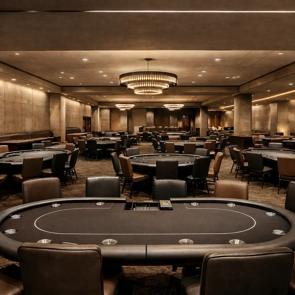 Large panorama photograph of a poker room with multiple tables
