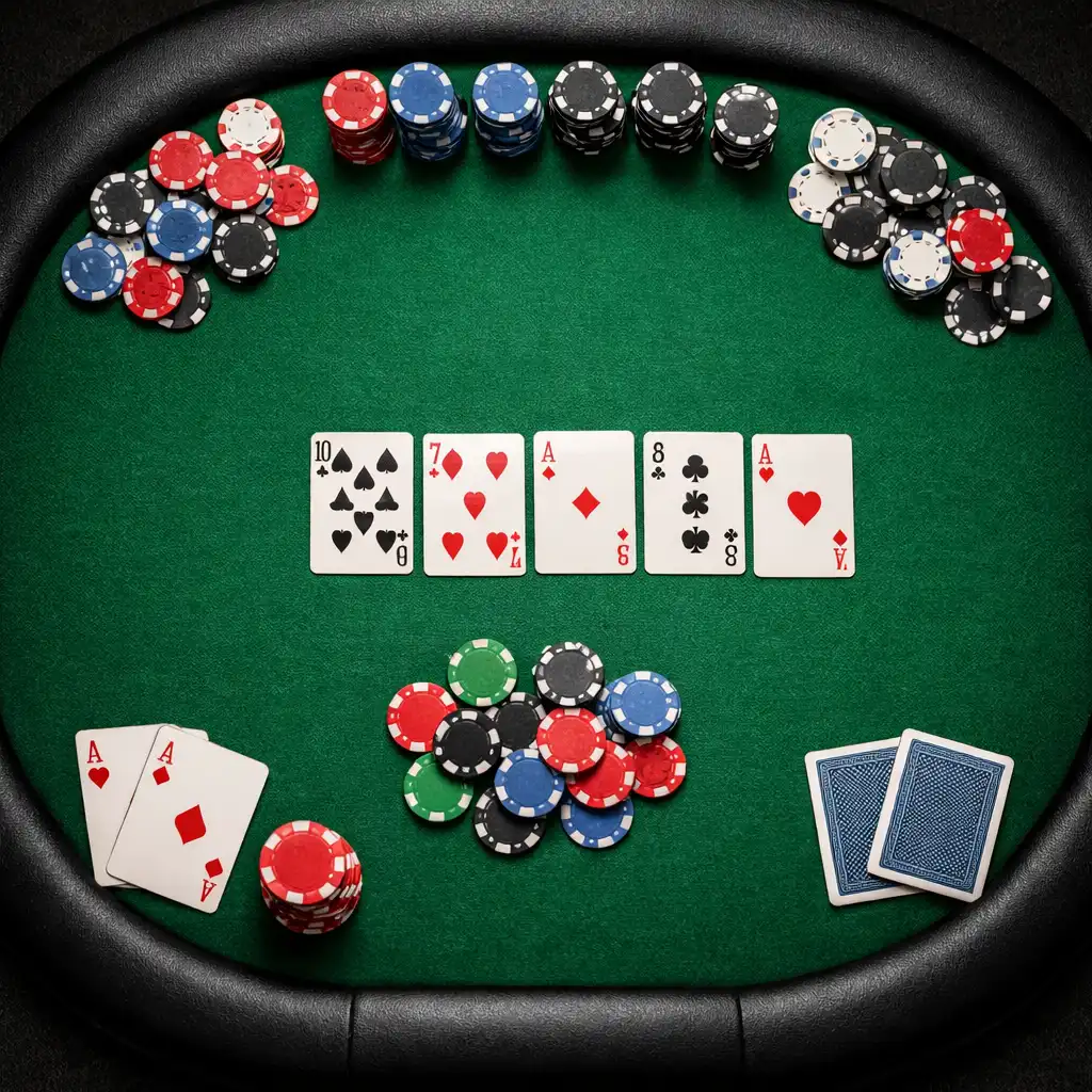 Overhead photograph of a poker table with green felt, cards and chips