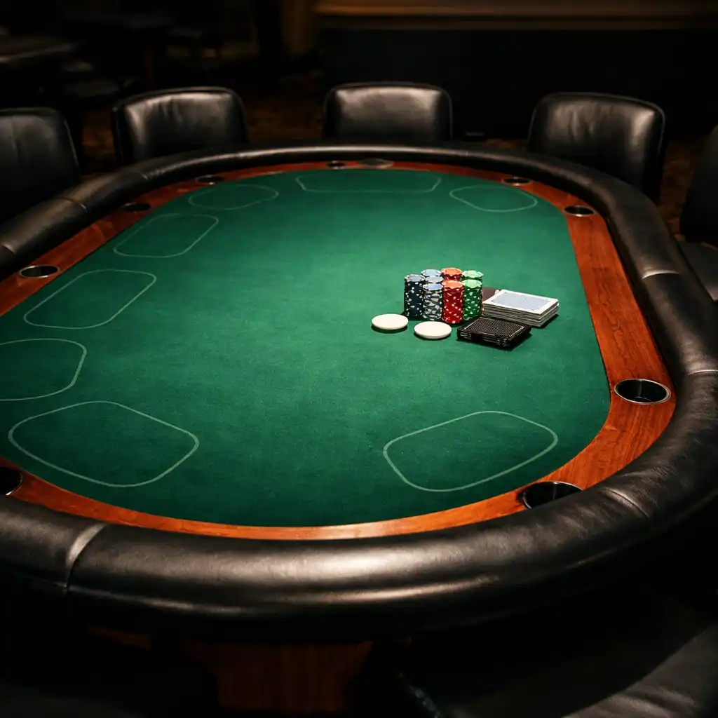 Physical poker table with green felt and chairs