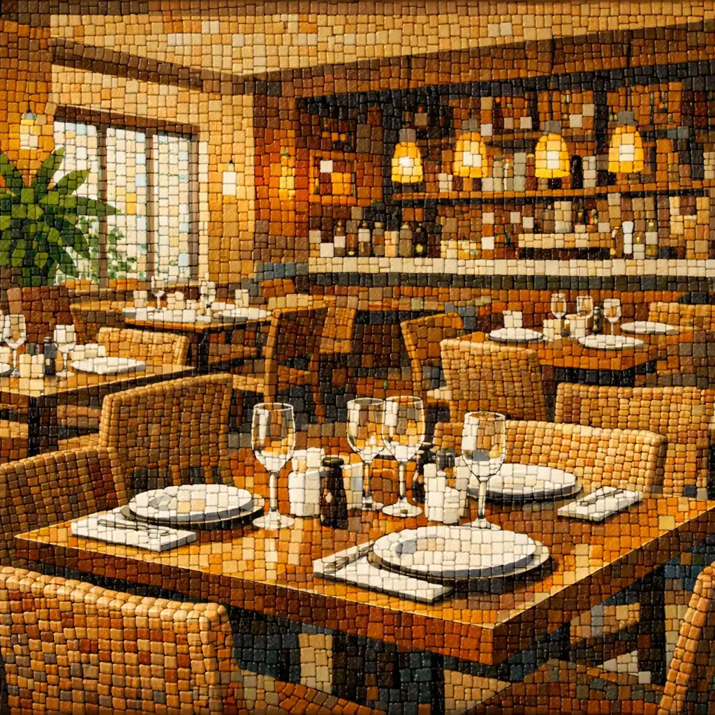 Restaurant interior with tables and chairs in a bright warm space
