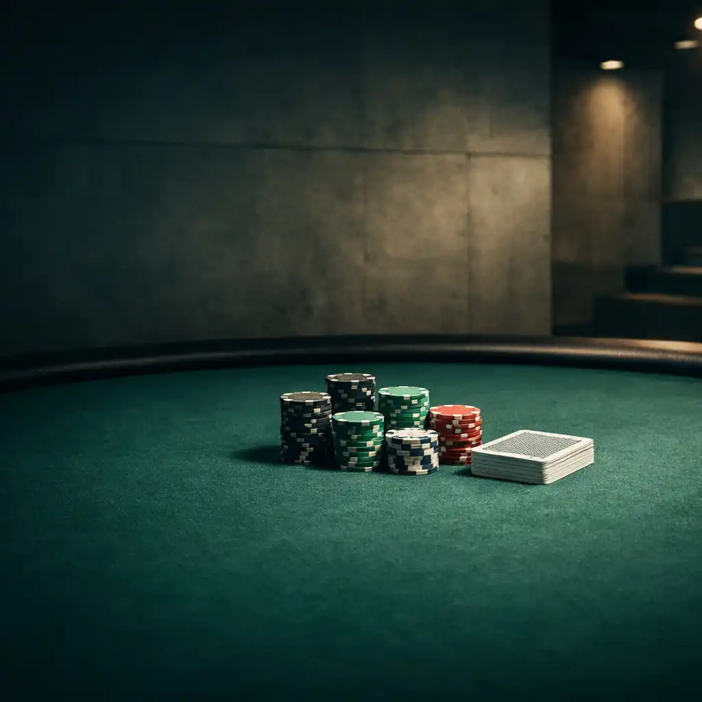 A wide-angle photograph of a physical poker table with deep green felt, chips, and cards in Card Warehouse Bunbury's warm concrete poker room.
