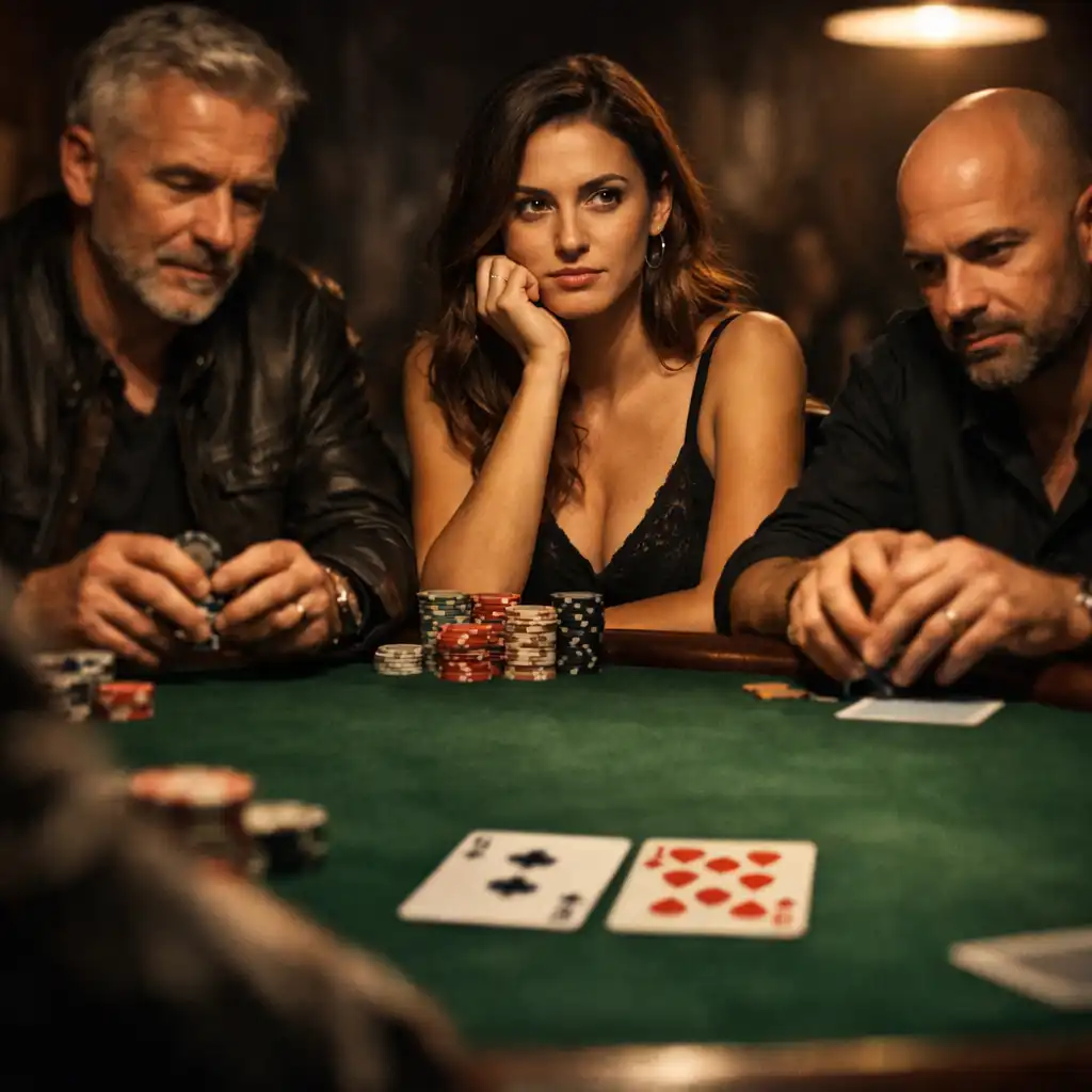 Seated eye-level view at a poker table with cards and felt in the foreground and adult players opposite