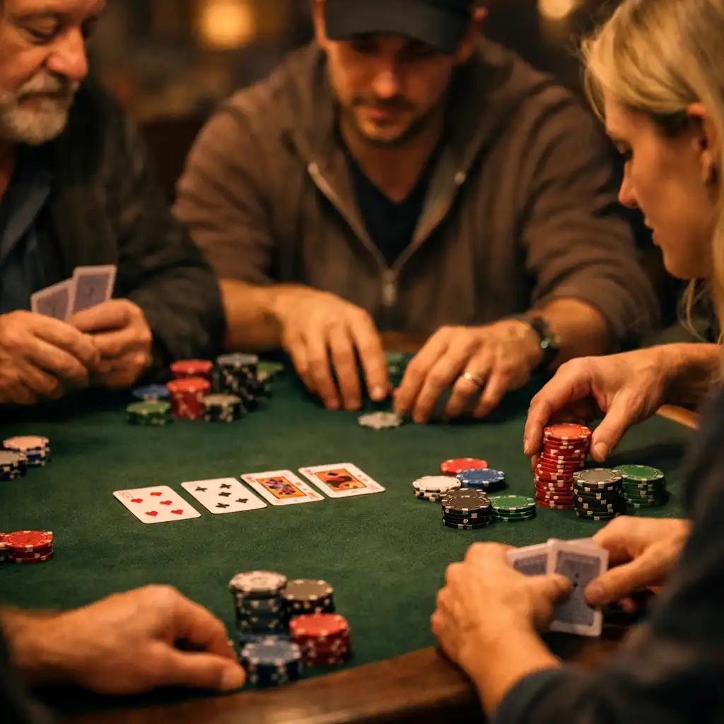 Players seated around a poker table at Card Warehouse Bunbury, focusing on hands, cards, and chips