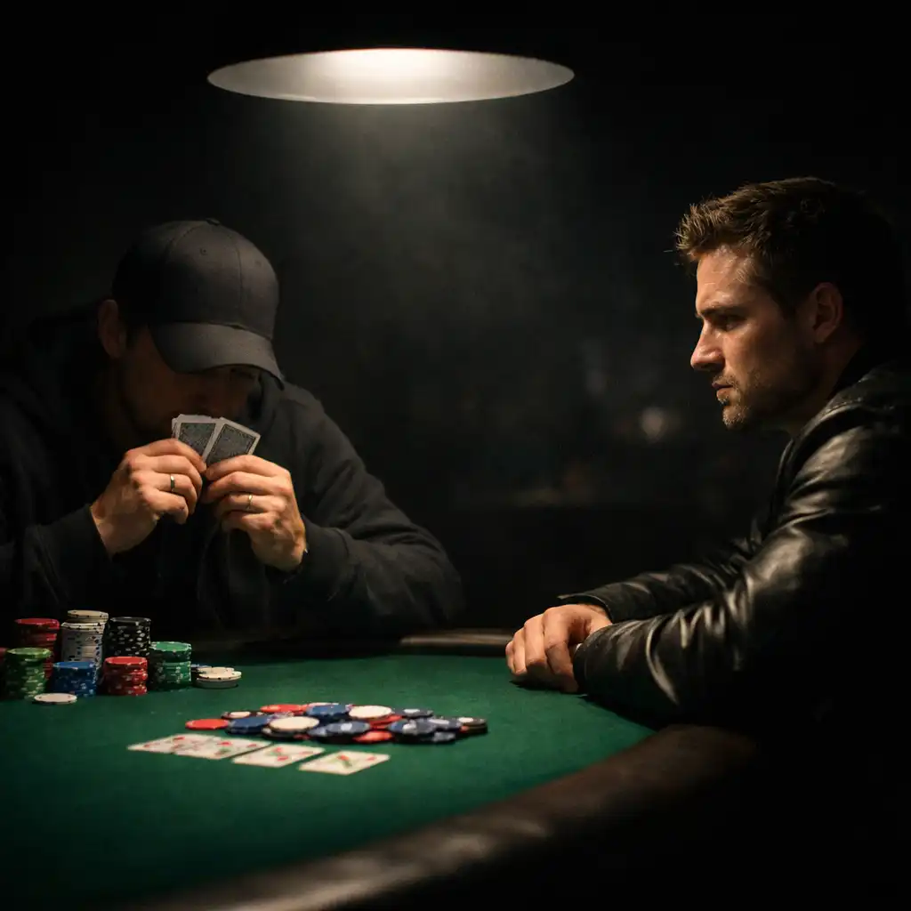 Two players facing each other across a poker table at Card Warehouse Bunbury, reading each other during a hand