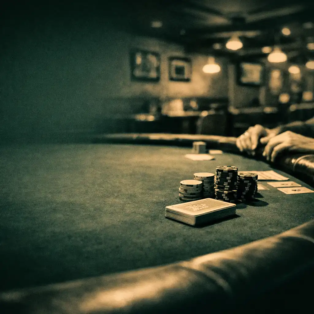 Physical poker table in an evening setting at Card Warehouse Bunbury, with deep green felt, chips, and cards