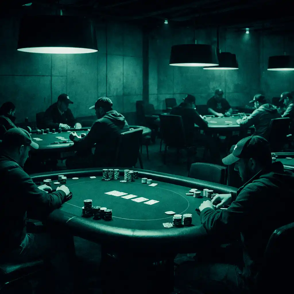 A dedicated poker room at Card Warehouse Bunbury with multiple physical poker tables, concrete floors, and warm overhead lighting.