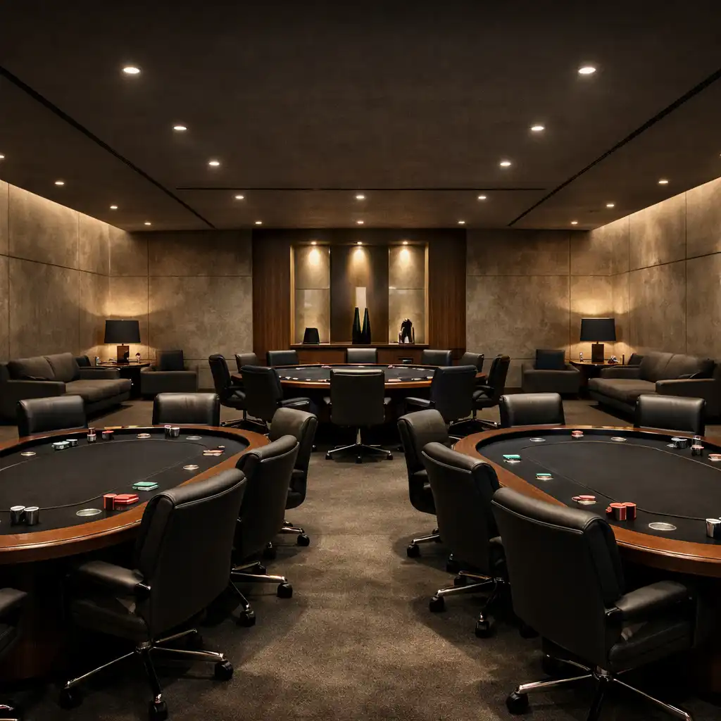 Full-width architectural photograph of a dedicated poker room with multiple physical poker tables and warm concrete walls