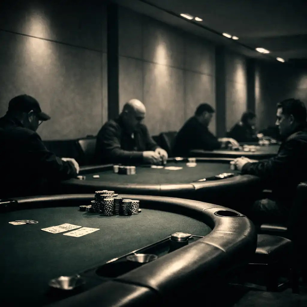 Interior of the dedicated poker room with a row of poker tables and focused adult players