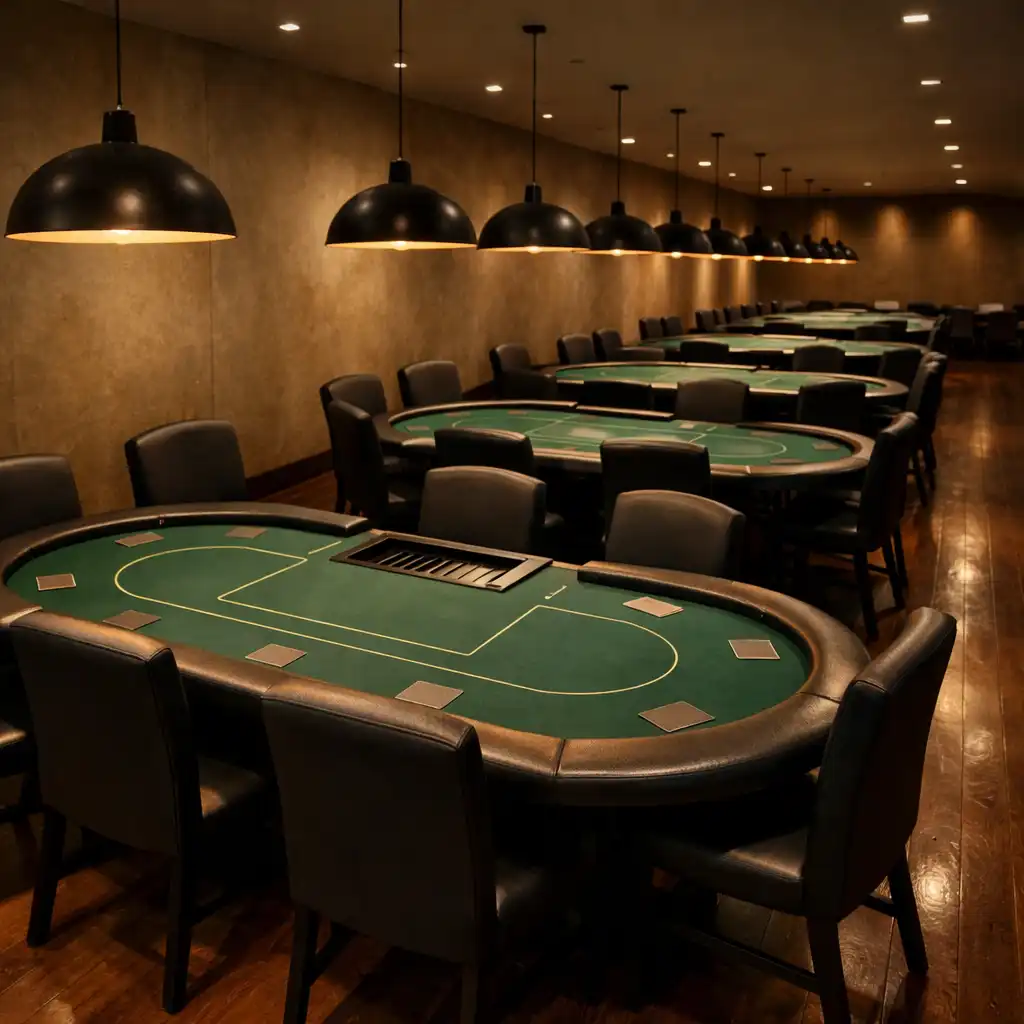 Wide-angle view of the poker room at Card Warehouse Bunbury showing multiple tables and warm ambient lighting