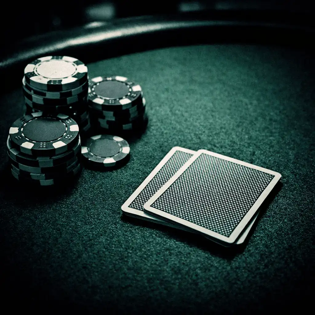 Close-up of a real poker table with deep green felt, playing cards, and poker chips
