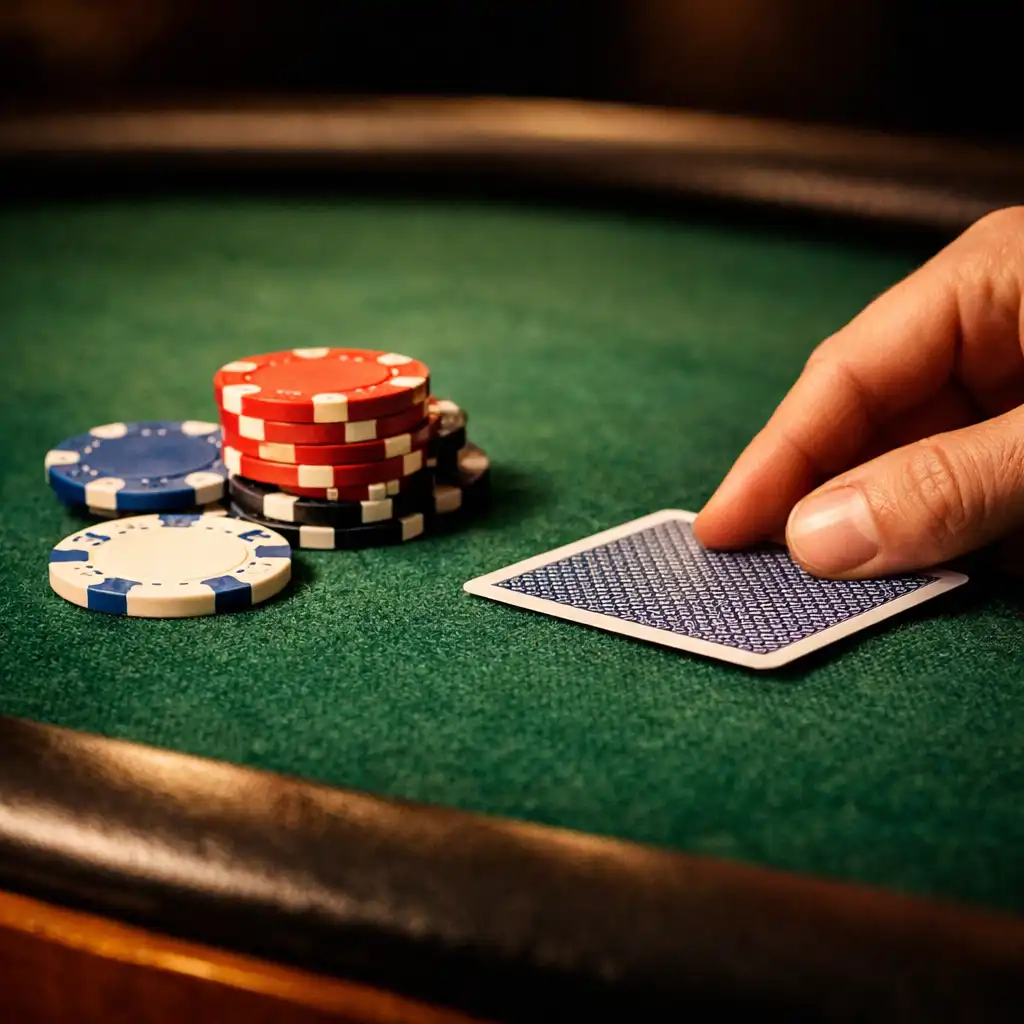 Close-up of a physical poker table surface showing deep green felt, scattered poker chips, and a hand placing a card face down.
