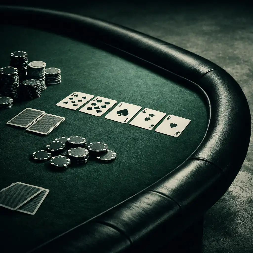 Physical poker table with green felt, playing cards, and poker chips in a dedicated Bunbury poker room