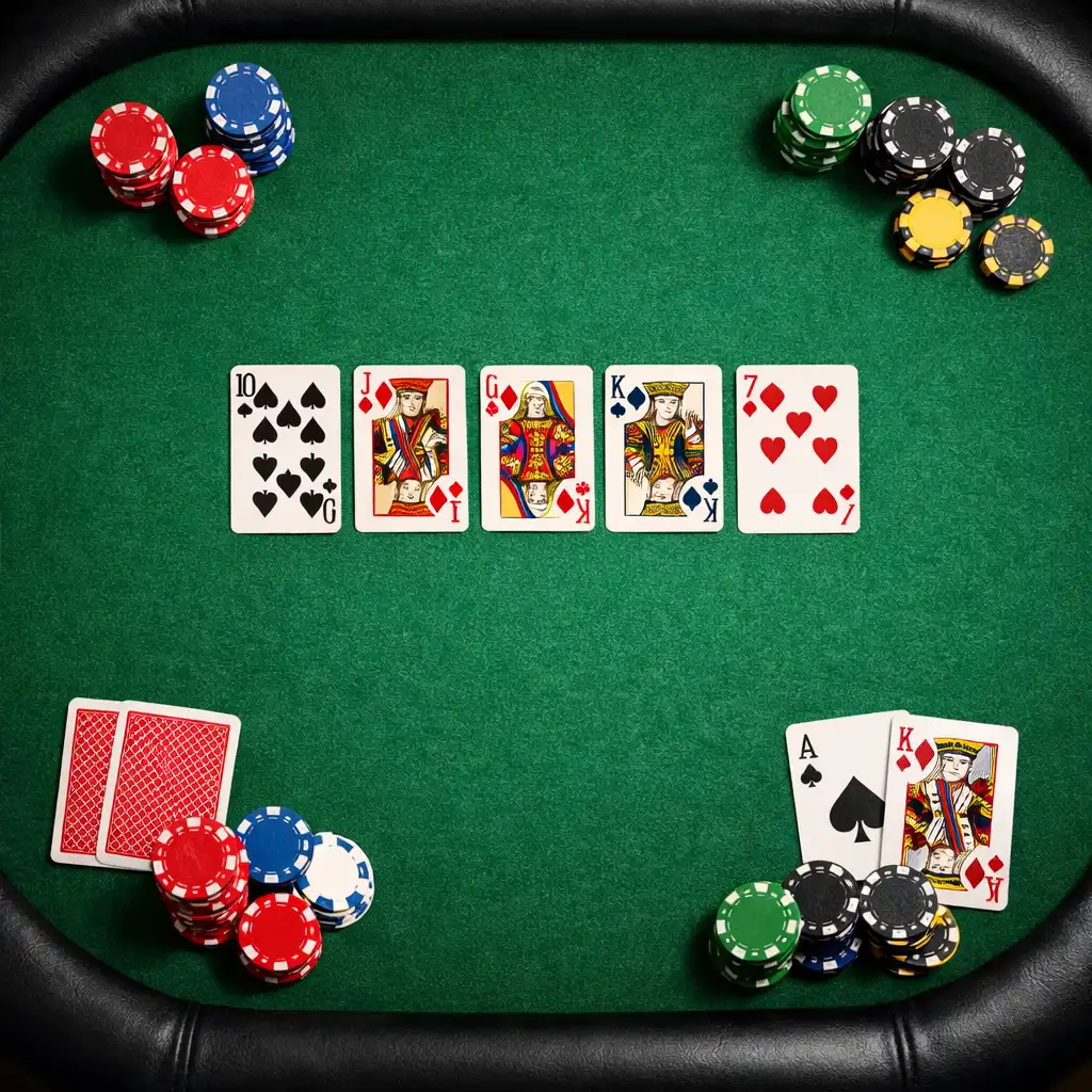 Top-down view of a physical poker table with green felt, cards and chips