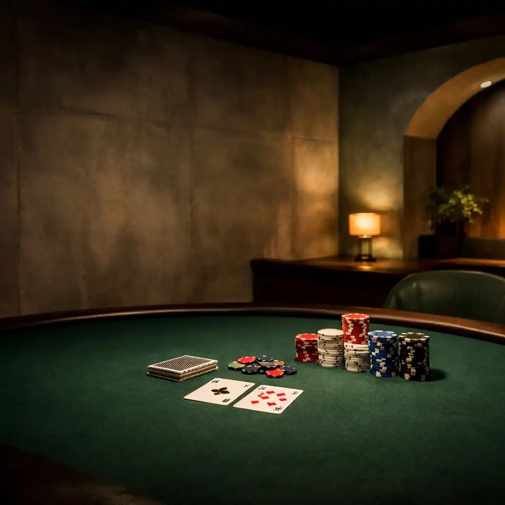 Private poker table in the Card Warehouse Bunbury card lounge with deep green felt and warm concrete tones