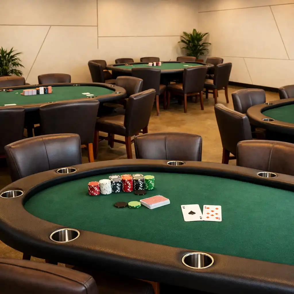 Card lounge at Card Warehouse Bunbury with physical poker tables arranged for a private group