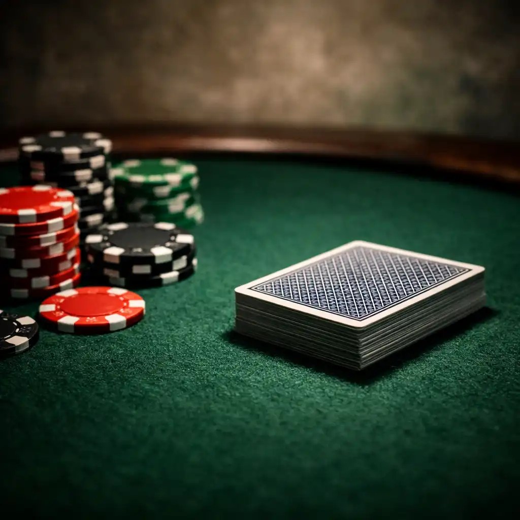 Close-up of a physical poker table at Card Warehouse Bunbury showing deep green felt, poker chips, and a deck of cards