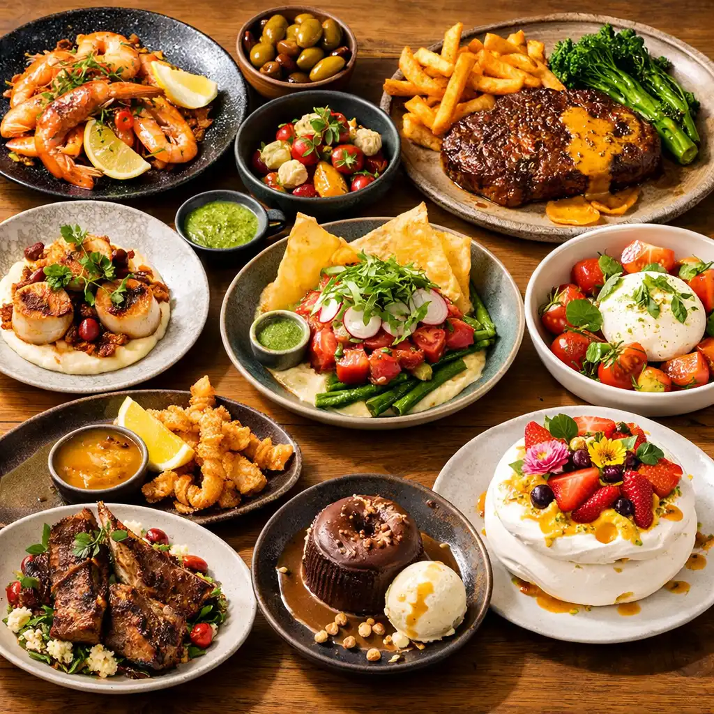 Contemporary Australian food with shared plates, mains and desserts on a wooden table